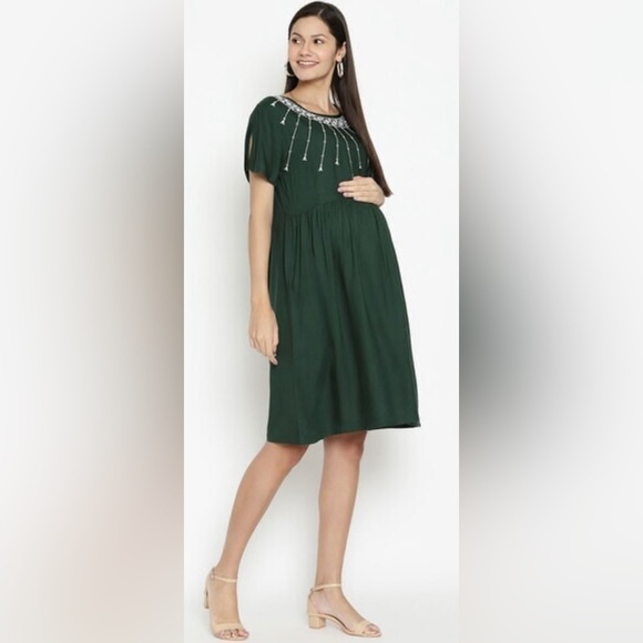 The Vanca Embroidered Maternity Fit & Flare Dress, green size large - Picture 1 of 5